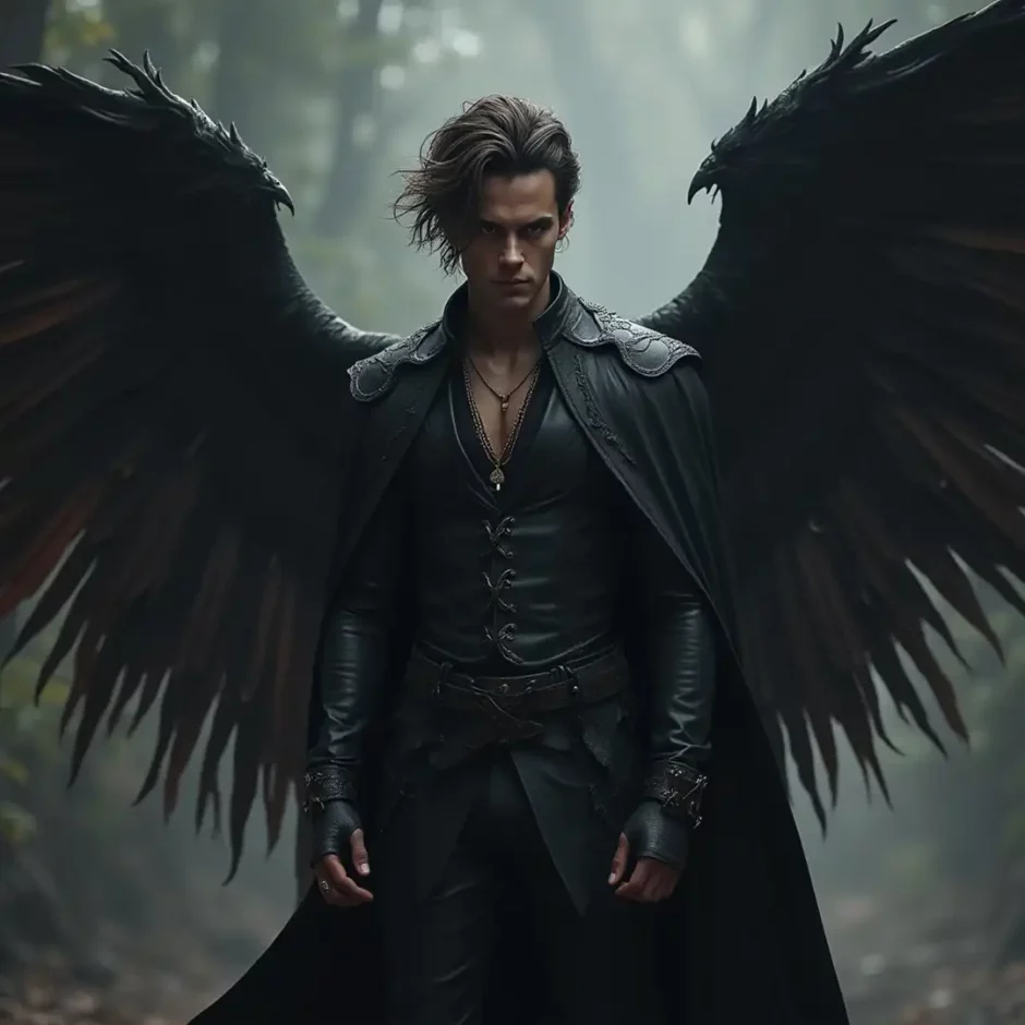 Mysterious warrior with expansive black wings standing in a misty forest, clad in dark leather armor – evokes dark fantasy lore, ideal for roleplaying avatars, gothic realms, or antagonist character arcs.