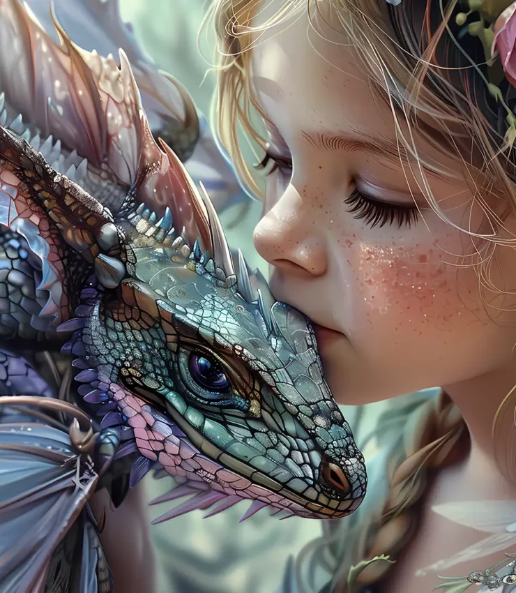 Freckled girl tenderly kissing her small armored dragon companion – intimate bond between child and mythical creature