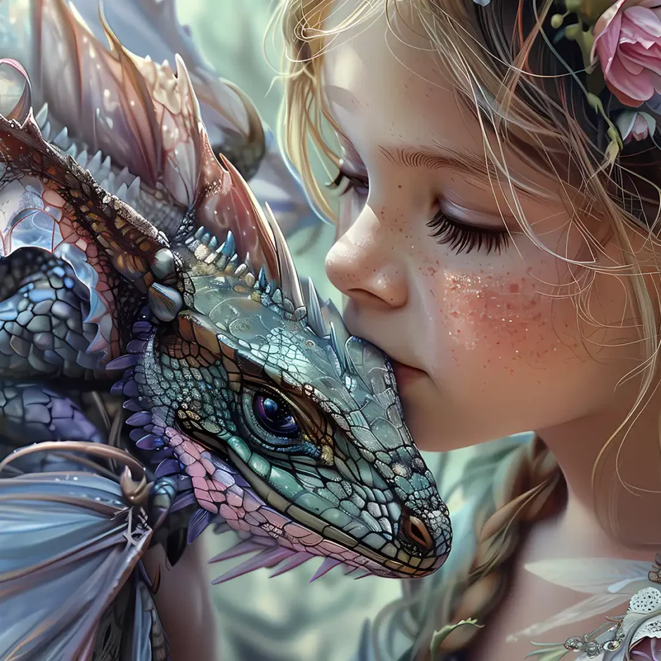 Freckled girl tenderly kissing her small armored dragon companion – intimate bond between child and mythical creature