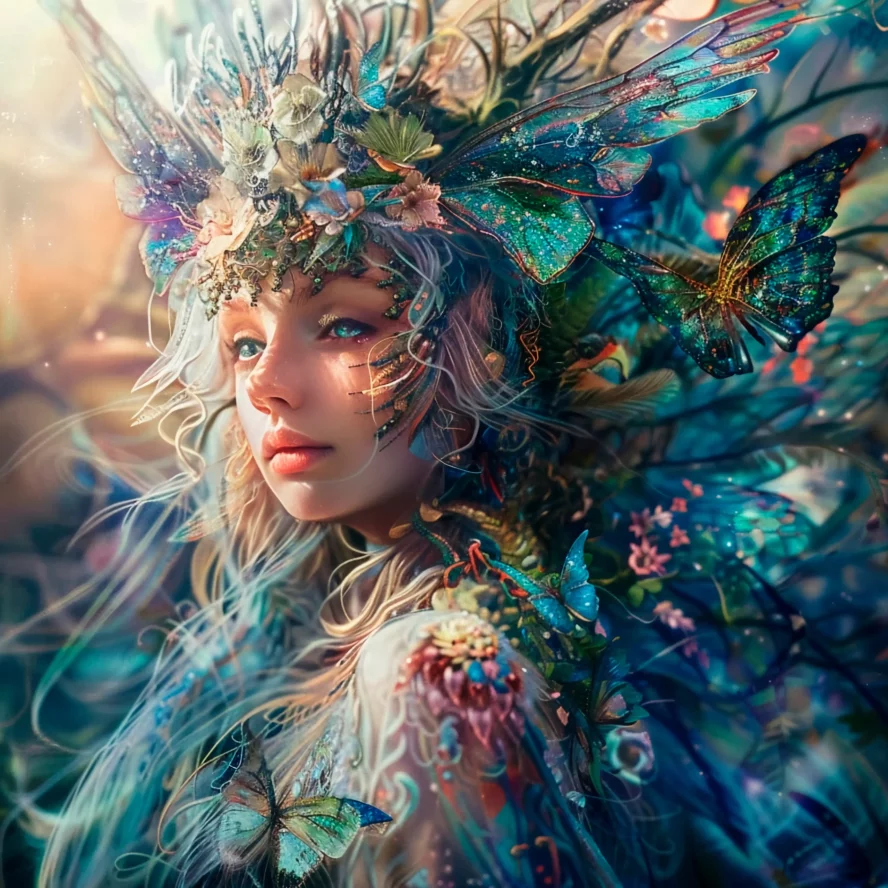 Enchanted butterfly fairy queen adorned in radiant flora and glowing wings, surrounded by luminous butterflies – AI-generated fantasy portrait perfect for storytelling, magical realms, and immersive worldbuilding in Summon Worlds.