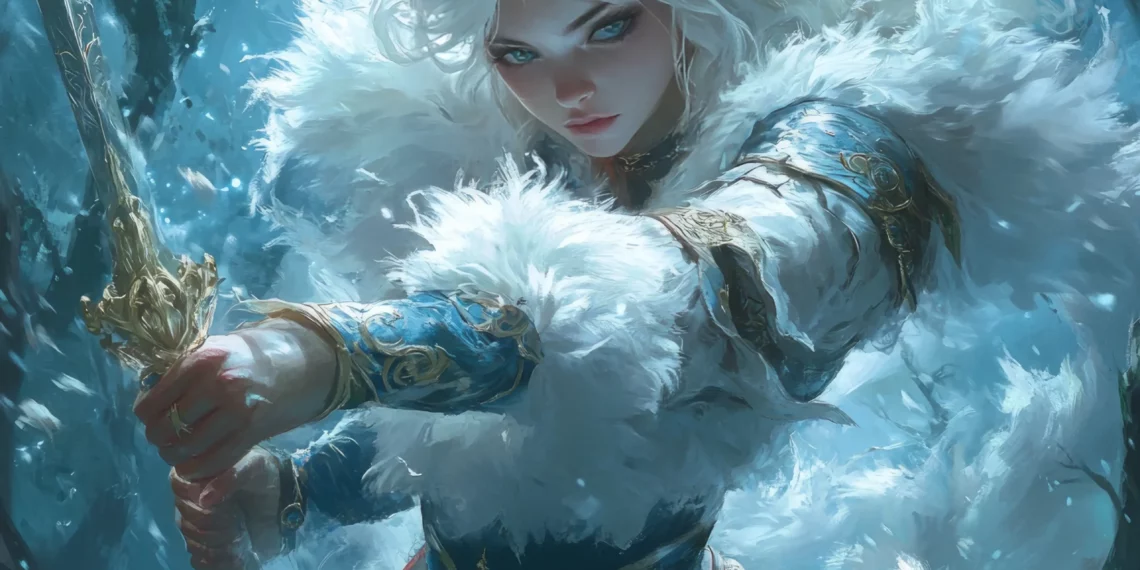 Fierce elven warrior with white hair and arctic armor, wielding a golden sword amidst a swirling blizzard in an enchanted winter forest – AI-generated fantasy hero ideal for epic quests, icy kingdoms, and immersive worldbuilding in Summon Worlds.