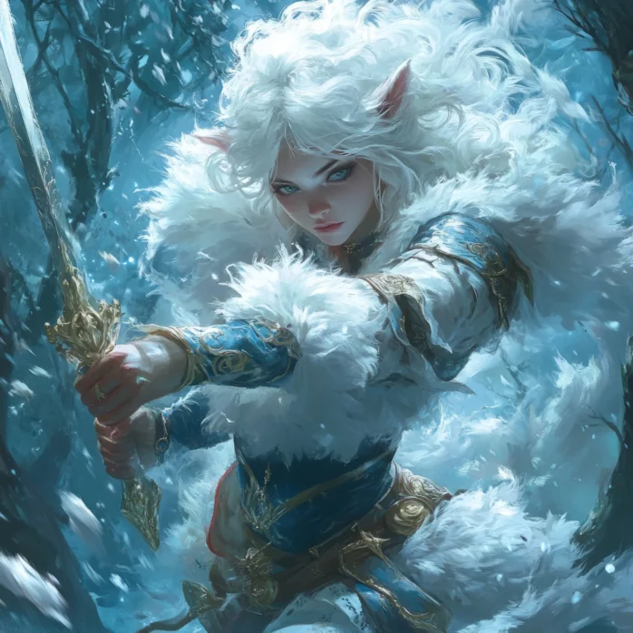 Fierce elven warrior with white hair and arctic armor, wielding a golden sword amidst a swirling blizzard in an enchanted winter forest – AI-generated fantasy hero ideal for epic quests, icy kingdoms, and immersive worldbuilding in Summon Worlds.