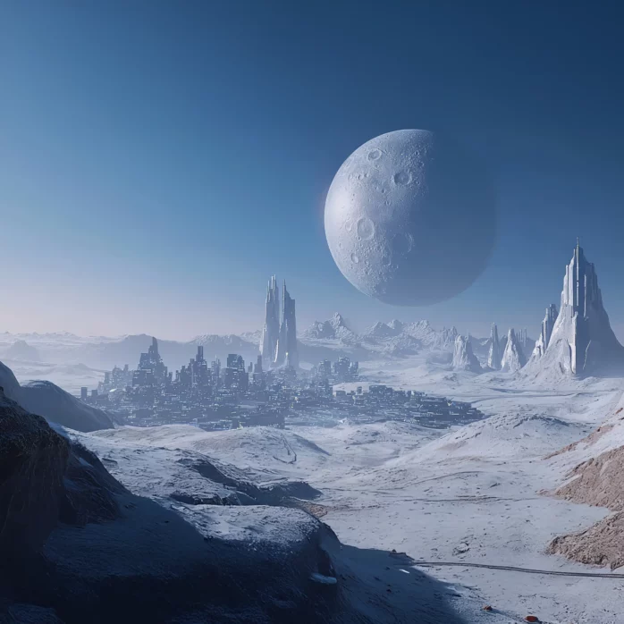 Futuristic city nestled in a vast, icy alien landscape under a massive hovering moon, surrounded by jagged crystalline spires – AI-generated sci-fi environment perfect for storytelling, exploration, and collaborative worldbuilding with advanced civilizations.