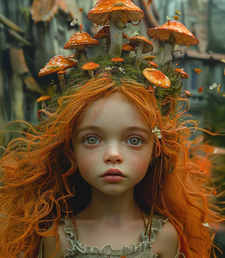 Enchanted forest girl with vivid red hair crowned in glowing mushrooms and fluttering moths – AI-generated fantasy character embodying natural magic, worldbuilding lore, and ethereal storytelling charm.