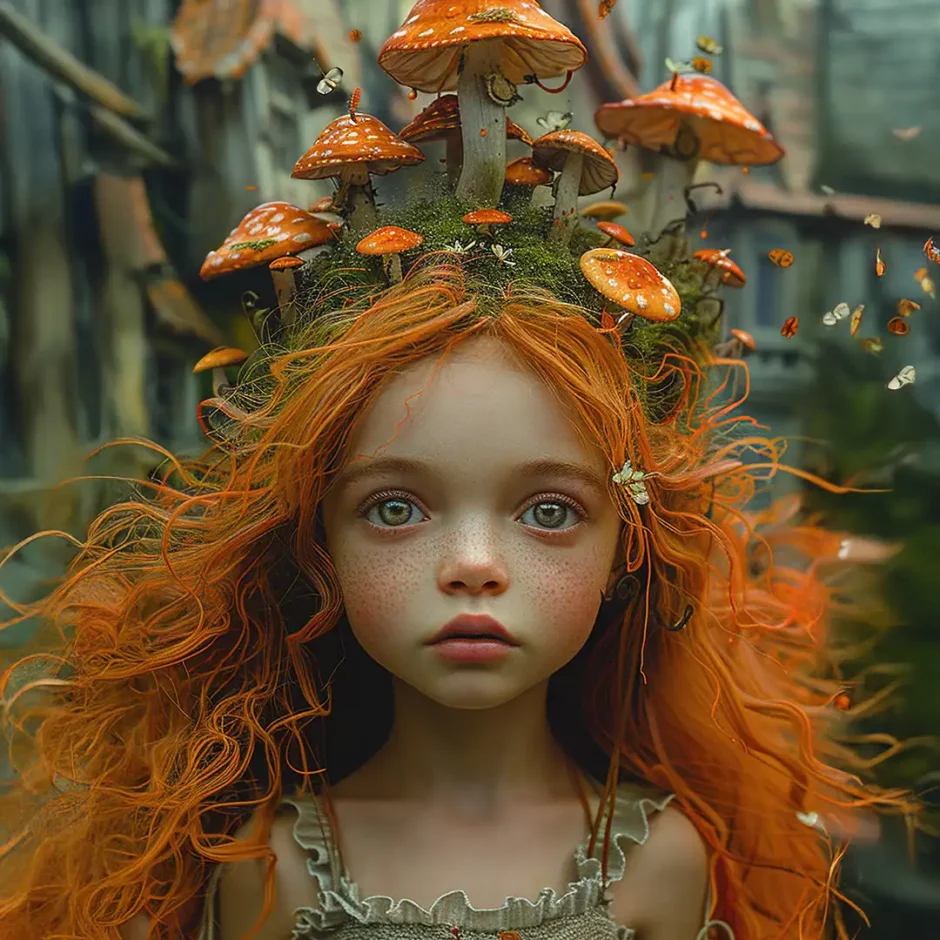 Enchanted forest girl with vivid red hair crowned in glowing mushrooms and fluttering moths – AI-generated fantasy character embodying natural magic, worldbuilding lore, and ethereal storytelling charm.