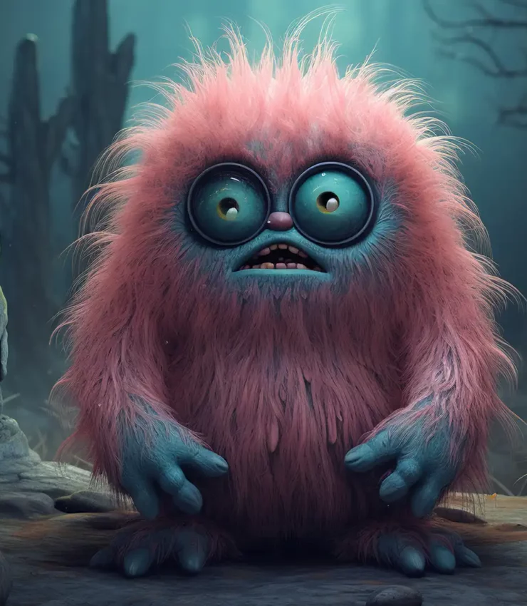 Wide-eyed pink and teal furry creature standing in an eerie enchanted forest, blending whimsy and mystery – perfect for fantasy RPGs, magical creature compendiums, or story-driven worldbuilding.
