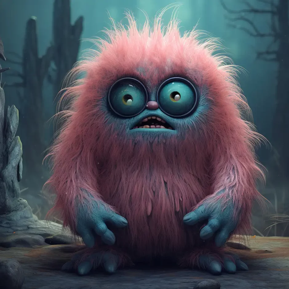 Wide-eyed pink and teal furry creature standing in an eerie enchanted forest, blending whimsy and mystery – perfect for fantasy RPGs, magical creature compendiums, or story-driven worldbuilding.