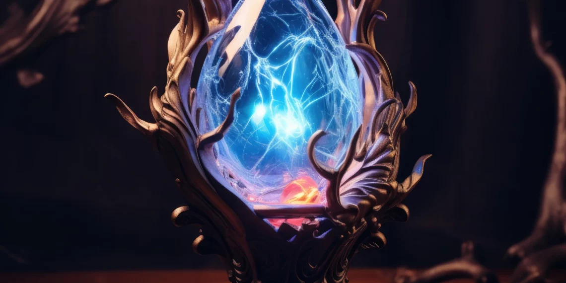 A glowing arcane crystal pulsing with stormlight energy, encased in an ornate bronze pedestal—an essential relic of power in the fantasy realms of Summon Worlds.