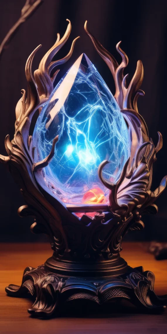 A glowing arcane crystal pulsing with stormlight energy, encased in an ornate bronze pedestal—an essential relic of power in the fantasy realms of Summon Worlds.