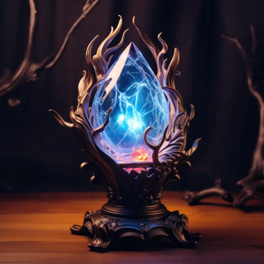 A glowing arcane crystal pulsing with stormlight energy, encased in an ornate bronze pedestal—an essential relic of power in the fantasy realms of Summon Worlds.
