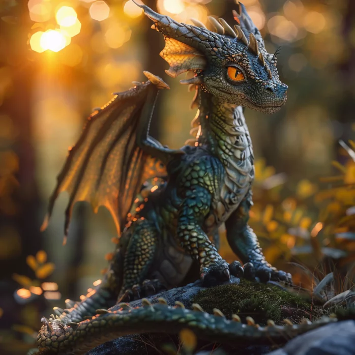 Young emerald-scaled dragon perched on a mossy stone, bathed in golden forest light—guardian hatchling of the Verdant Glade in Summon Worlds.