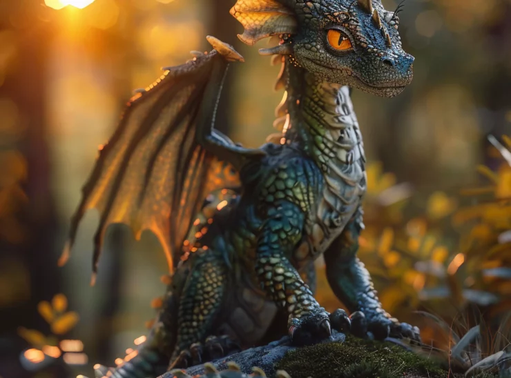 Young emerald-scaled dragon perched on a mossy stone, bathed in golden forest light—guardian hatchling of the Verdant Glade in Summon Worlds.