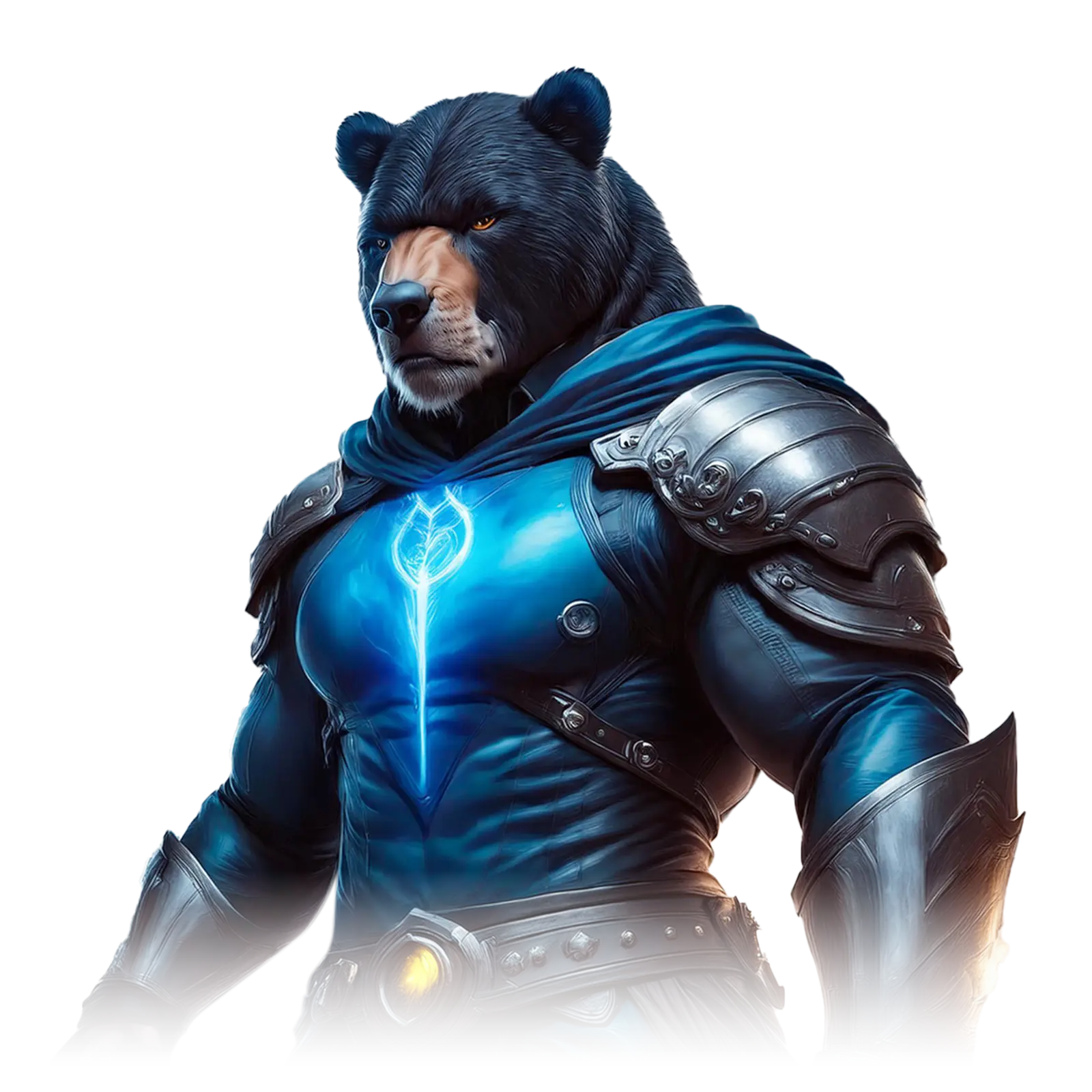 The image showcases a humanoid bear warrior with a powerful, muscular build, dressed in a blue outfit adorned with silver armor accents on the shoulders and forearms. A glowing blue emblem on his chest, resembling a magical symbol, adds a mystical quality to his appearance. The bear's focused expression and detailed armor convey strength and resolve, merging animalistic fierceness with a heroic, knightly presence.