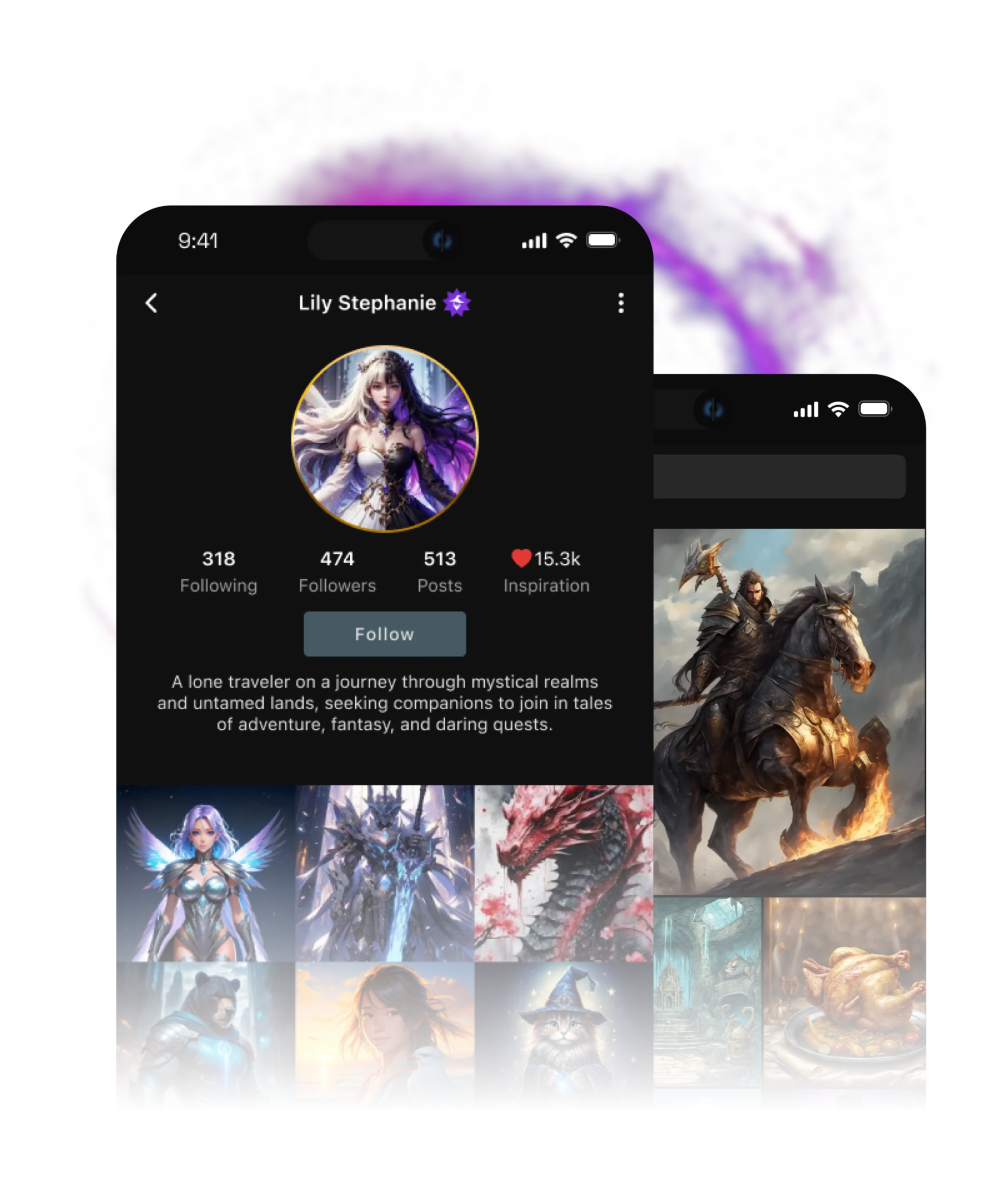 This image displays two overlapping screens from a fantasy-themed social media app on a mobile phone. The profile screen shows "Lily Stephanie," a character with 474 followers and a profile description as a traveler in mystical realms, accompanied by fantasy images of characters, creatures, and scenes. The adjacent screen shows an exploration feed featuring more fantasy artwork, including armored knights, dragons, and magical landscapes, all set against a purple, mystical backdrop with swirling effects.