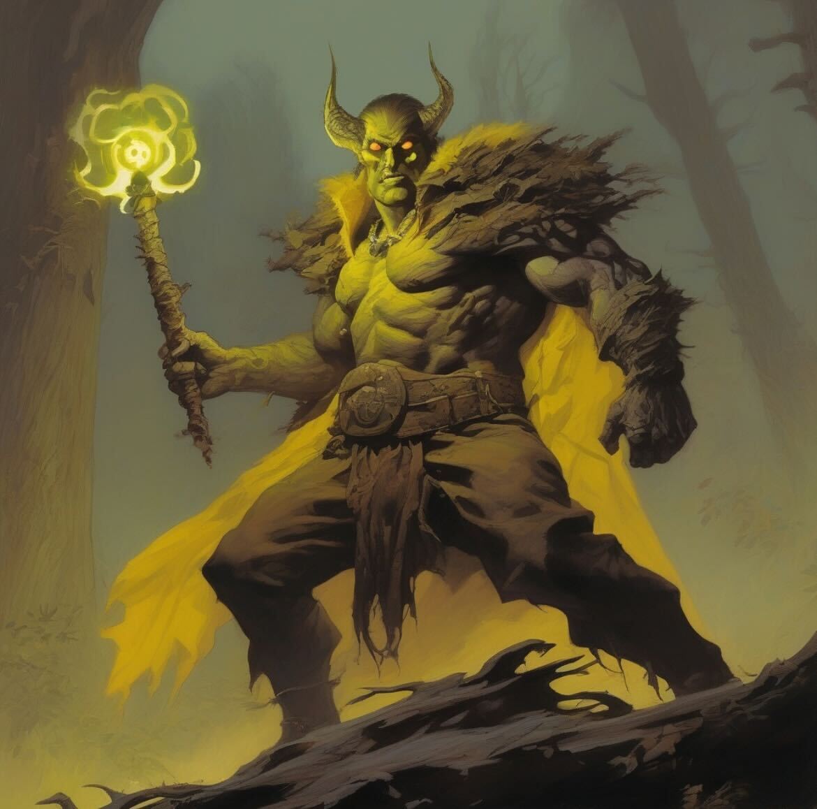 A menacing demon with a torch walks through an eerie, shadowy woodland, the flickering flame revealing glimpses of ominous surroundings. This chilling depiction exemplifies the Summon Worlds AI app's capability to generate Dungeons and Dragons-inspired art and immersive AI fantasy scenes.