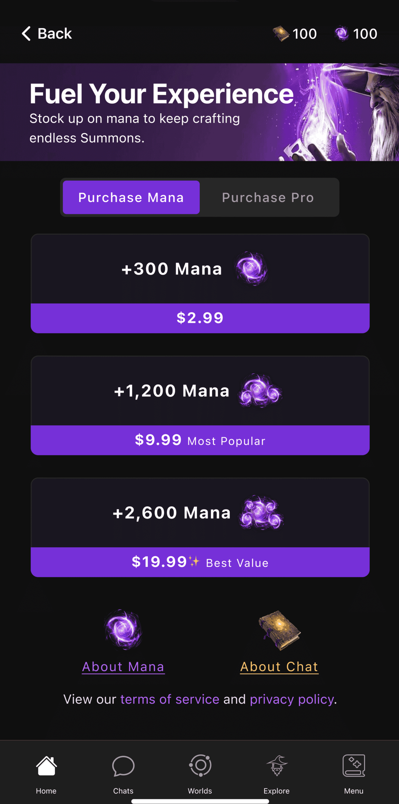 Image representing the new Mana Refill Pricing options for the Summon Worlds Updates.