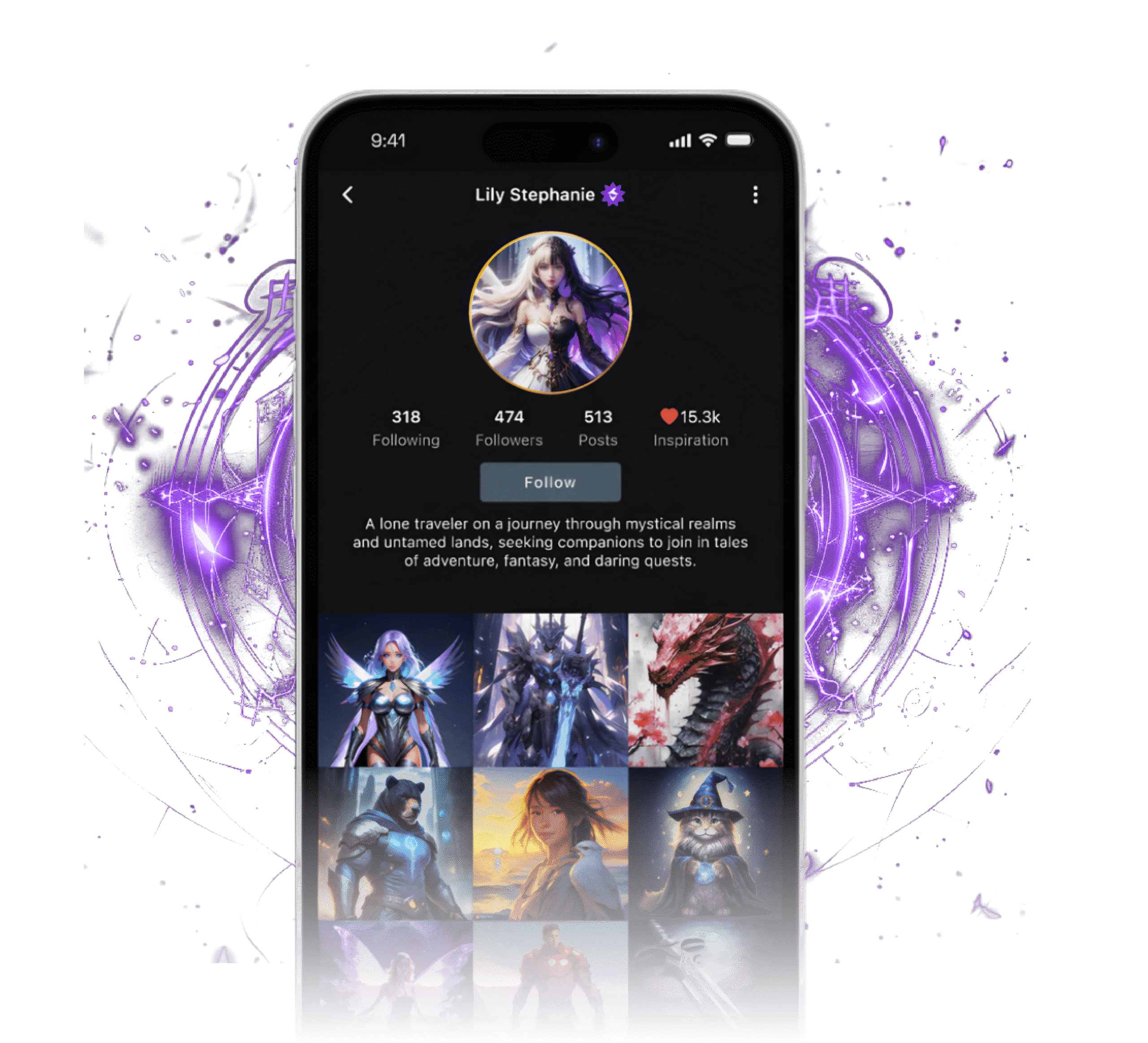 This image displays a mobile phone screen showing a fictional social media profile for "Lily Stephanie," a character described as a lone traveler in mystical realms. The profile has 474 followers, 513 posts, and a 15.3k "inspiration" count, with a feed showcasing fantasy-themed images of characters, creatures, and armor. Surrounding the phone are purple, magical-looking symbols and designs, enhancing the fantasy aesthetic.