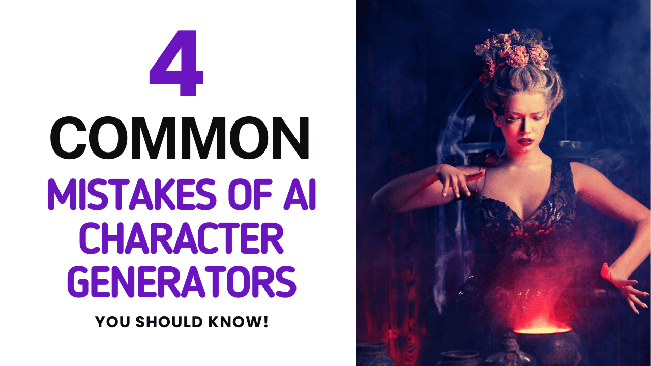 A visually striking promotional image for '4 Common Mistakes of AI Character Generators You Should Know!' featuring bold typography on the left and a fantasy-style female character conjuring magic on the right. The image highlights key insights on AI character creation using the Summon Worlds Art Generator.