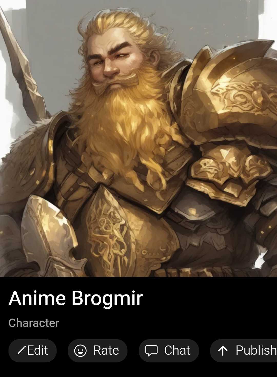 A highly detailed AI-generated character named Anime Brogmir, created in the anime AI art style using the Summon Worlds app. The character is a confident, broad-shouldered dwarf warrior with a thick, golden beard and a warm but powerful expression. He wears ornate golden armor decorated with intricate engravings and fur-lined pauldrons, holding a large battle-worn shield. The background is softly lit, reinforcing the anime fantasy aesthetic with smooth shading and expressive details. The interface elements at the bottom indicate options to edit, rate, chat, or publish the character, showcasing the AI character creation tools available in Summon Worlds.