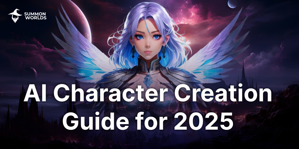 AI Character Creation Guide for 2025 - A stunning AI-generated fantasy character with glowing blue wings and silver hair, set against a dark, otherworldly landscape. Created using Summon Worlds' AI character creation tools, this guide explores the latest trends in AI characters for storytelling, roleplaying, and world-building