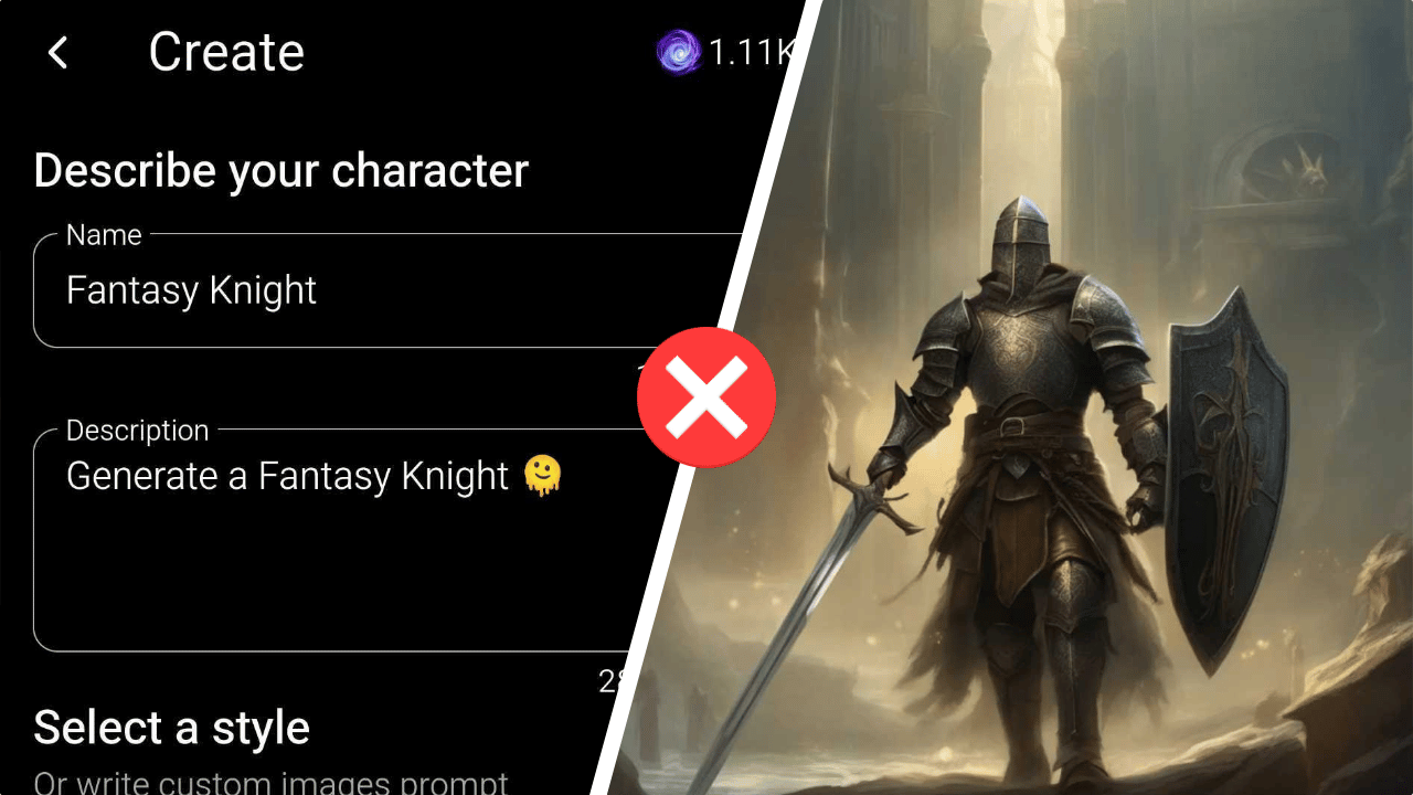 A split-screen image demonstrating the issue with using generic AI prompts in the Summon Worlds app. On the left side, a screenshot of the app’s character creation interface shows a user inputting a simple, vague prompt: "Generate a Fantasy Knight" with an emoji. A red "X" icon is placed over this section, indicating incorrect usage. On the right side, an AI-generated fantasy character of a fully armored fantasy knight holding a sword and shield stands in a grand, ancient hall bathed in golden light. The image visually conveys that vague prompts lead to less detailed or undesired results, reinforcing the importance of detailed AI worldbuilding and refined character creation prompts for better outcomes in AI storytelling and RPG character design in Summon Worlds.