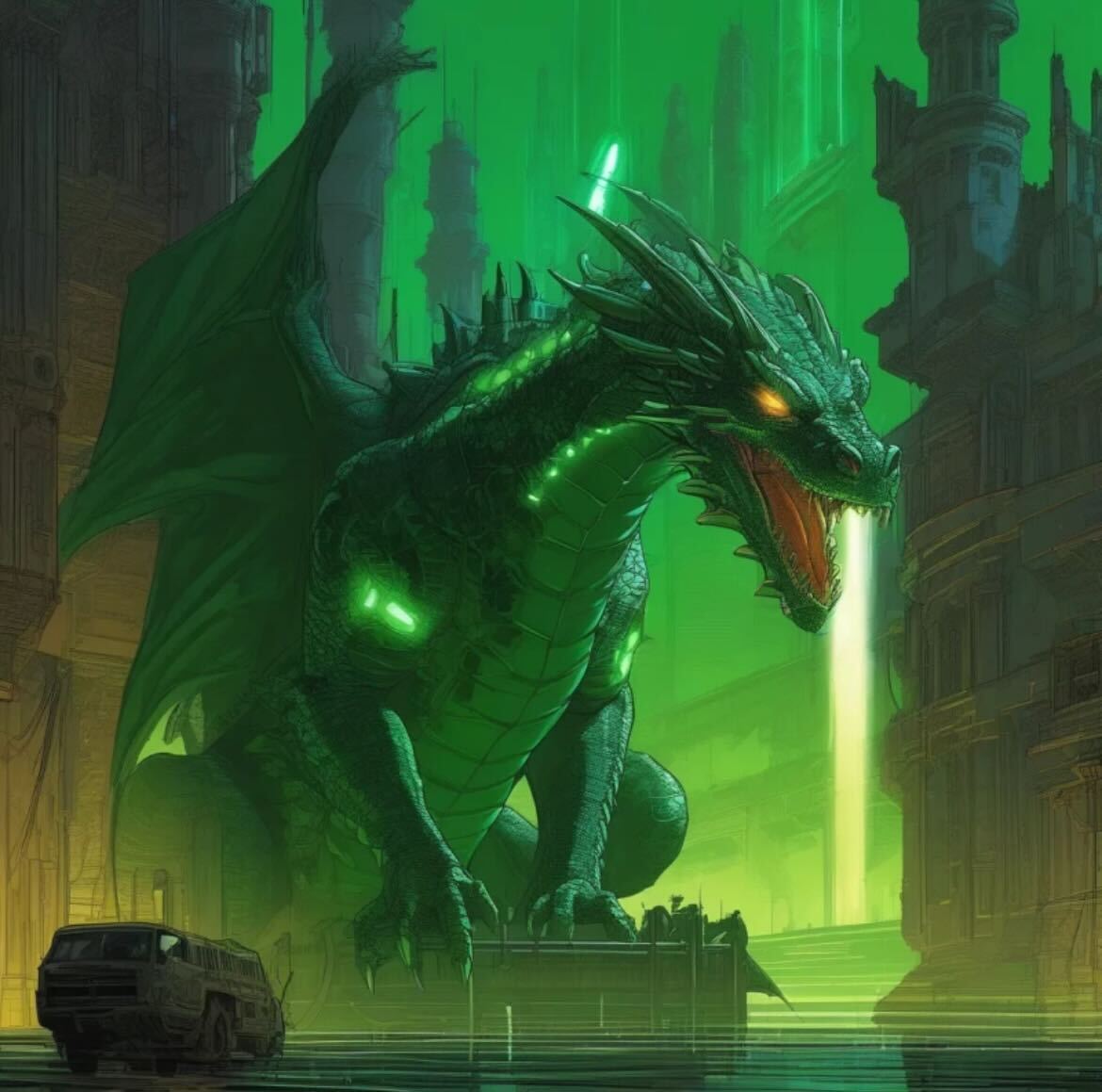 A colossal emerald-scaled dragon wraps around a crumbling castle tower under the eerie glow of a full moon