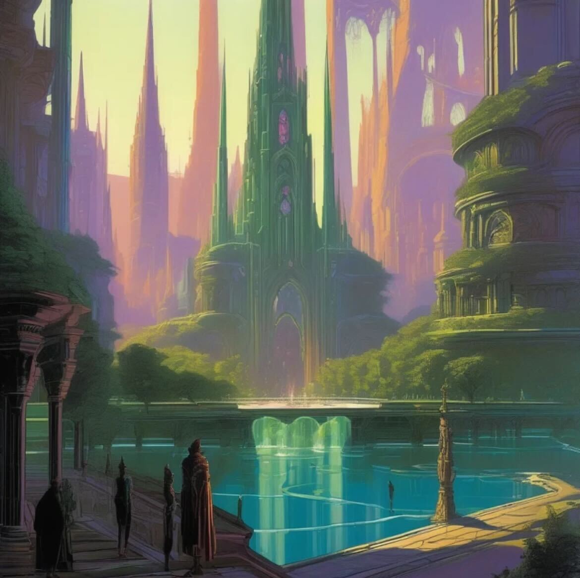 A grand elven city with golden architecture and glowing magical runes, depicted in a high fantasy style
