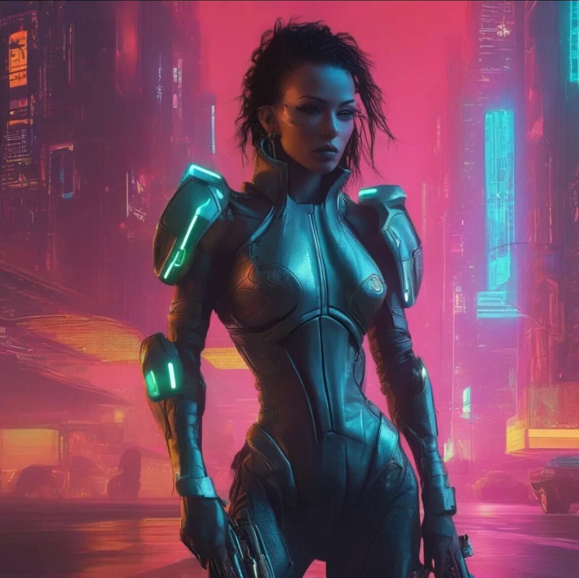 A futuristic warrior in a neon-lit cyberpunk city, depicted with cinematic lighting for a dramatic, high-tech aesthetic.