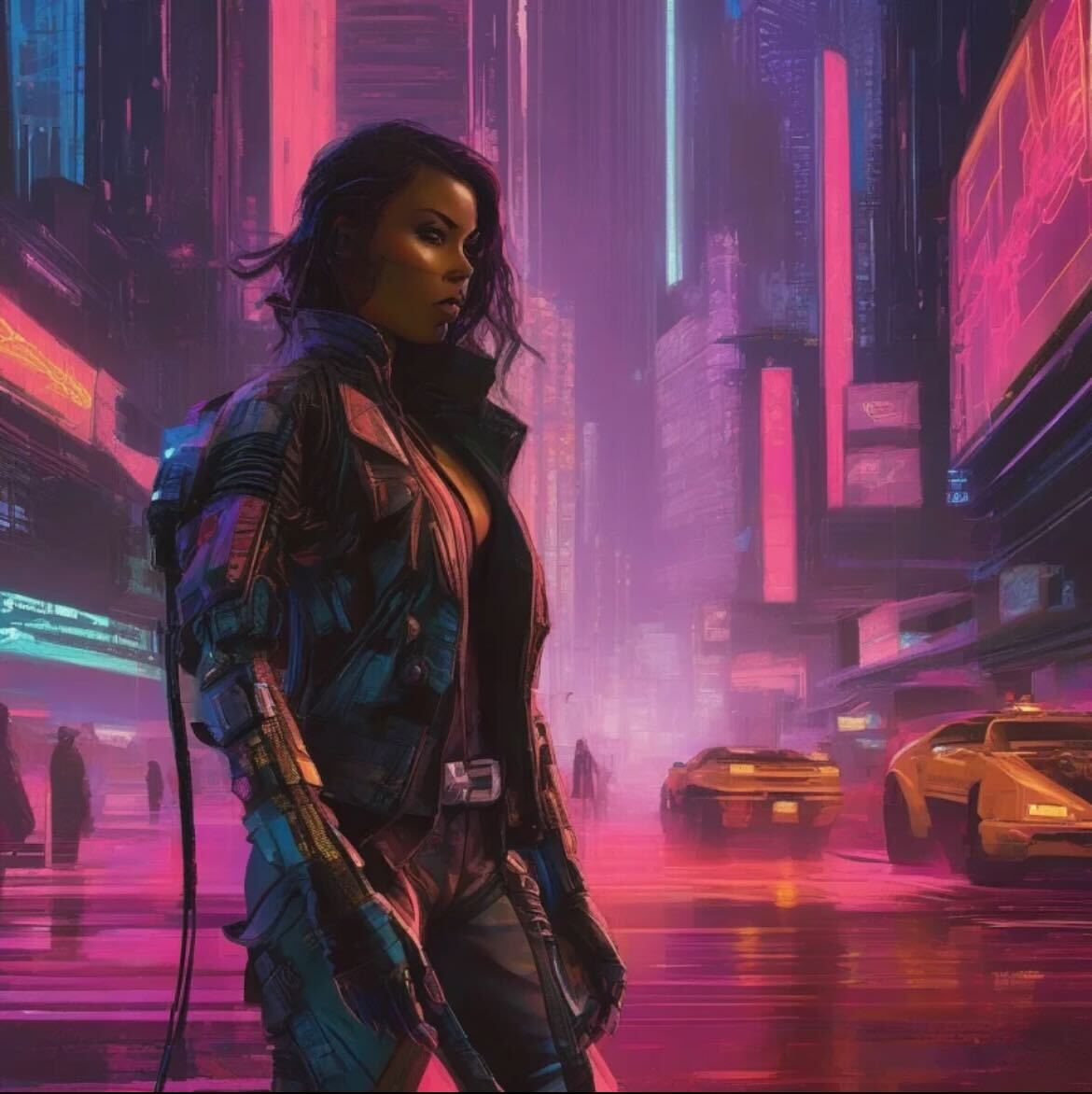 A futuristic warrior in a neon cyberpunk city, depicted with cinematic lighting and high resolution, without distortions, extra limbs, or blurring.