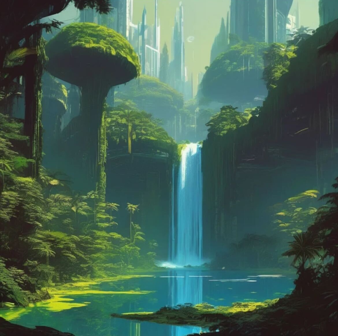 An ai art fantasy style magical floating island with waterfalls rising into the sky, rendered in a cinematic matte painting style with soft, ethereal lighting.