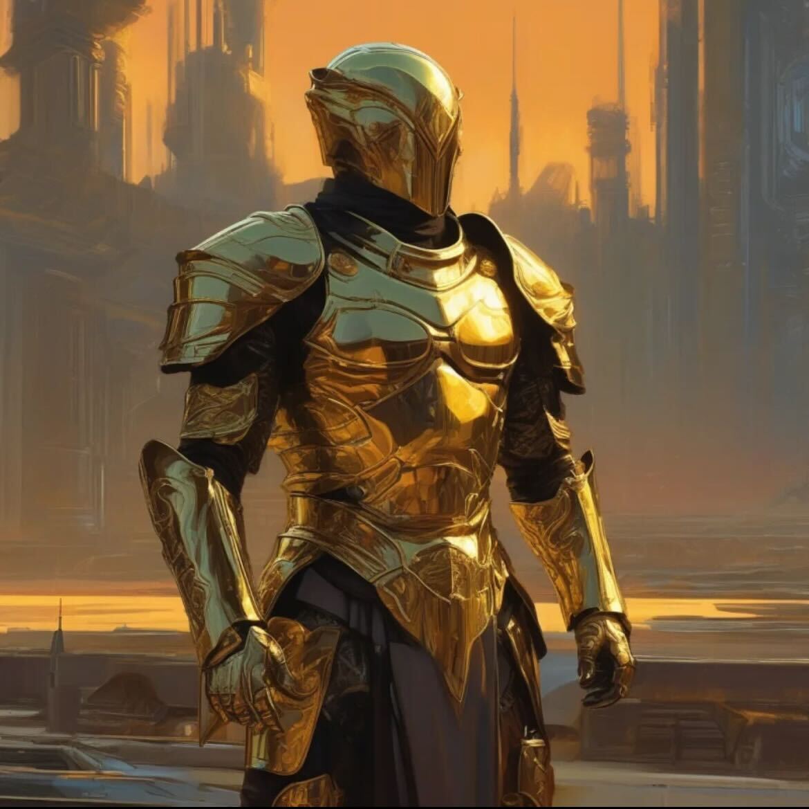 A noble warrior clad in radiant golden armor stands tall on the battlefield at sunset. His silhouette glows against the fiery sky, captured in a high fantasy oil painting style made with a DnD Character Visual Creator tool