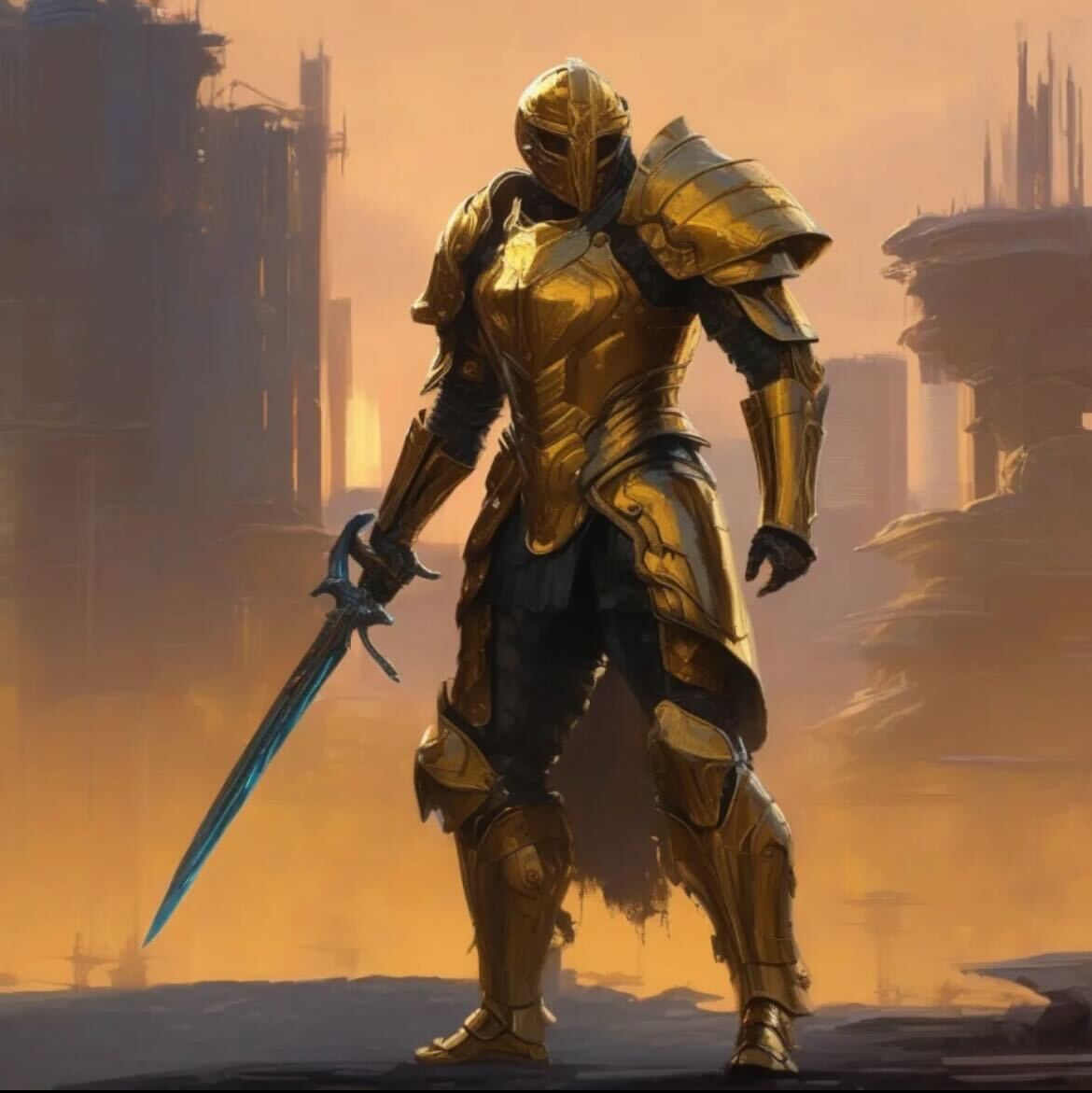 A noble warrior in golden armor stands on a battlefield at sunset, depicted in a high fantasy oil painting style with rich textures and dramatic lighting.