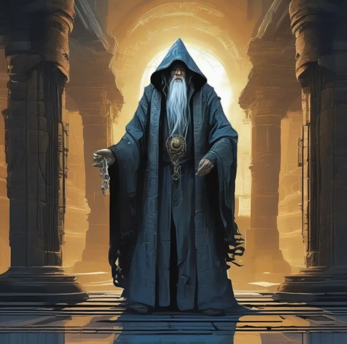A wise old sorcerer, draped in a flowing robe, conjures powerful magic within the ruins of an ancient temple. Dark energy swirls around him in this dark fantasy scene.