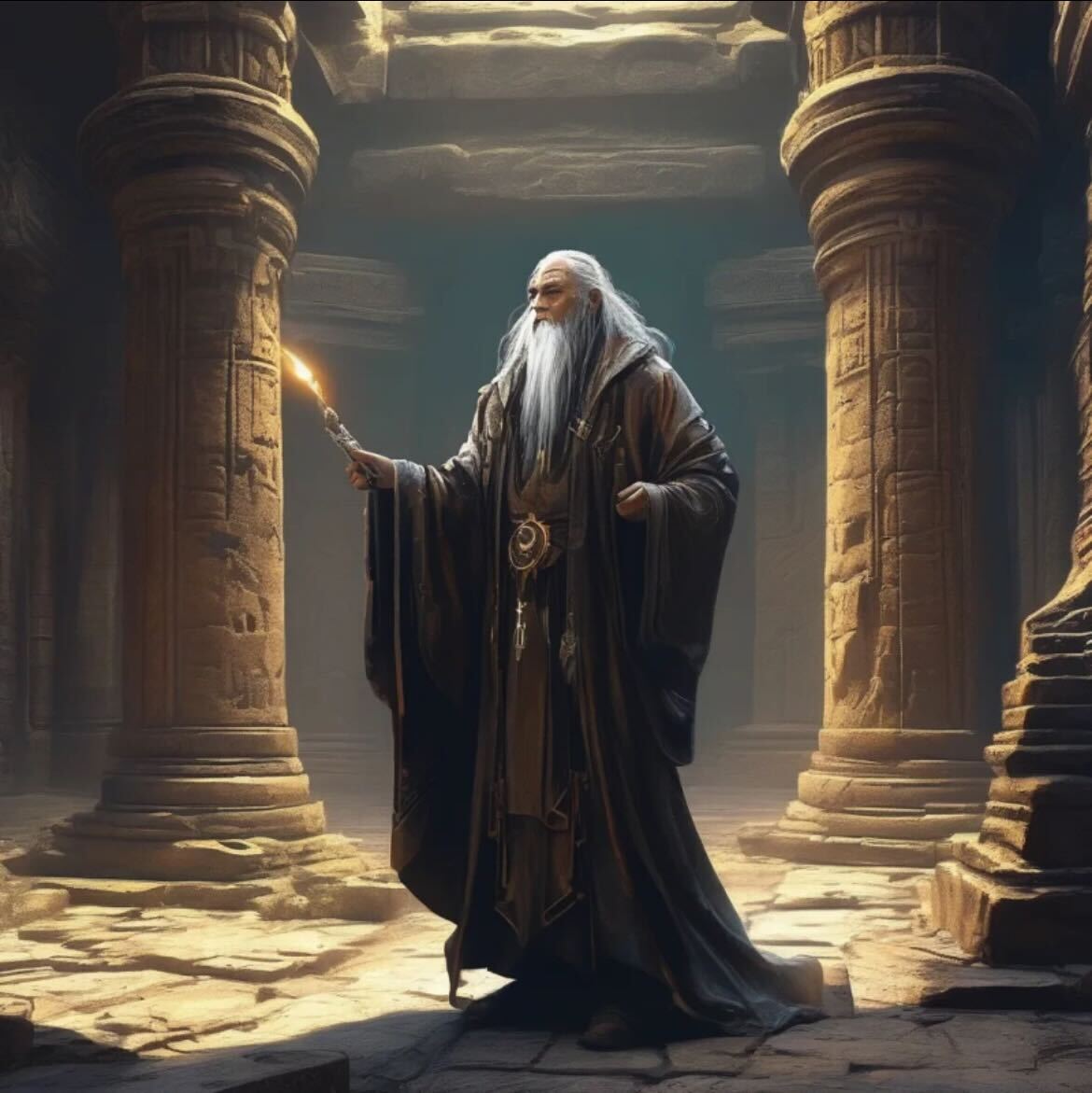 A wise old sorcerer in a long robe casts a spell inside an ancient ruined temple, depicted in a dark fantasy style with mystical lighting and eerie atmosphere.