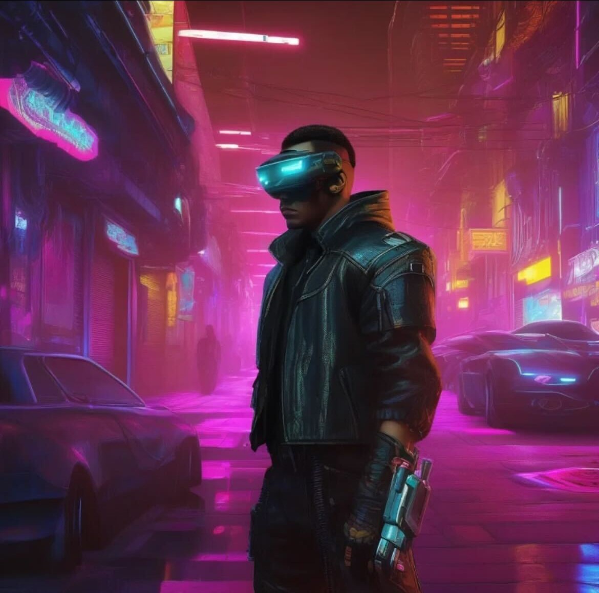 An ai image of a cyberpunk bounty hunter stands in a neon-lit alley, wearing a high-tech visor and futuristic armor, depicted in a cinematic 3D render style with dramatic lighting.