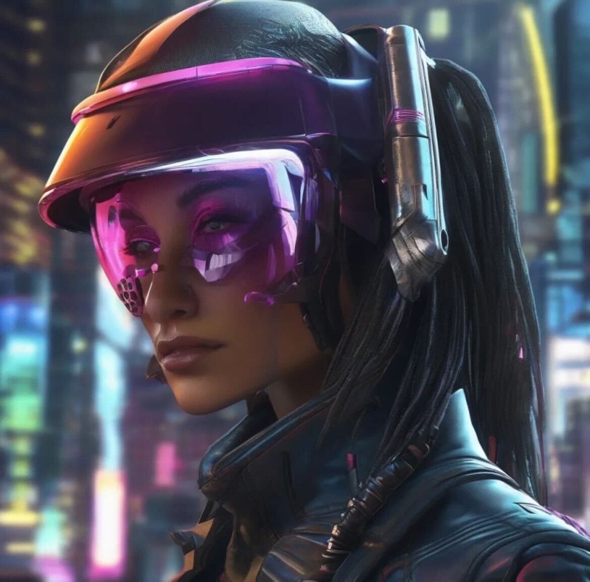 An ai generated art of a cyberpunk bounty hunter waits in a neon-lit alley, their high-tech visor glowing under the flickering city lights. Sleek armor and cinematic lighting bring this 3D-rendered scene to life.