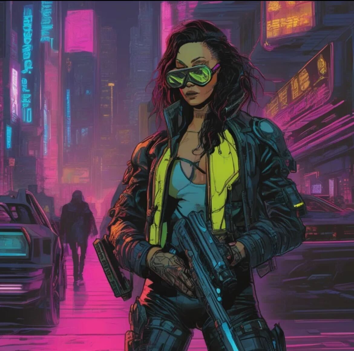 A cyberpunk bounty hunter stalks the neon-lit city, their high-tech gear blending dark fantasy aesthetics with bold comic book styling. Shadows and neon glow merge in a striking fusion.