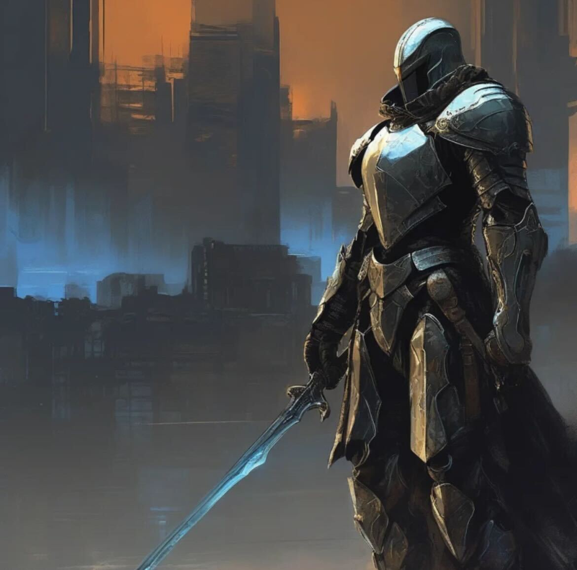 A battle-worn knight stands tall on a rocky cliff, his armor battered yet unyielding. From a low angle, he faces the raging storm, illuminated by dramatic lighting in this epic fantasy scene.