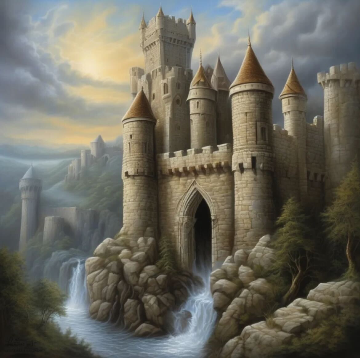 A medieval castle, intricately drawn in ink sketch style, stands tall with detailed cross-hatching.