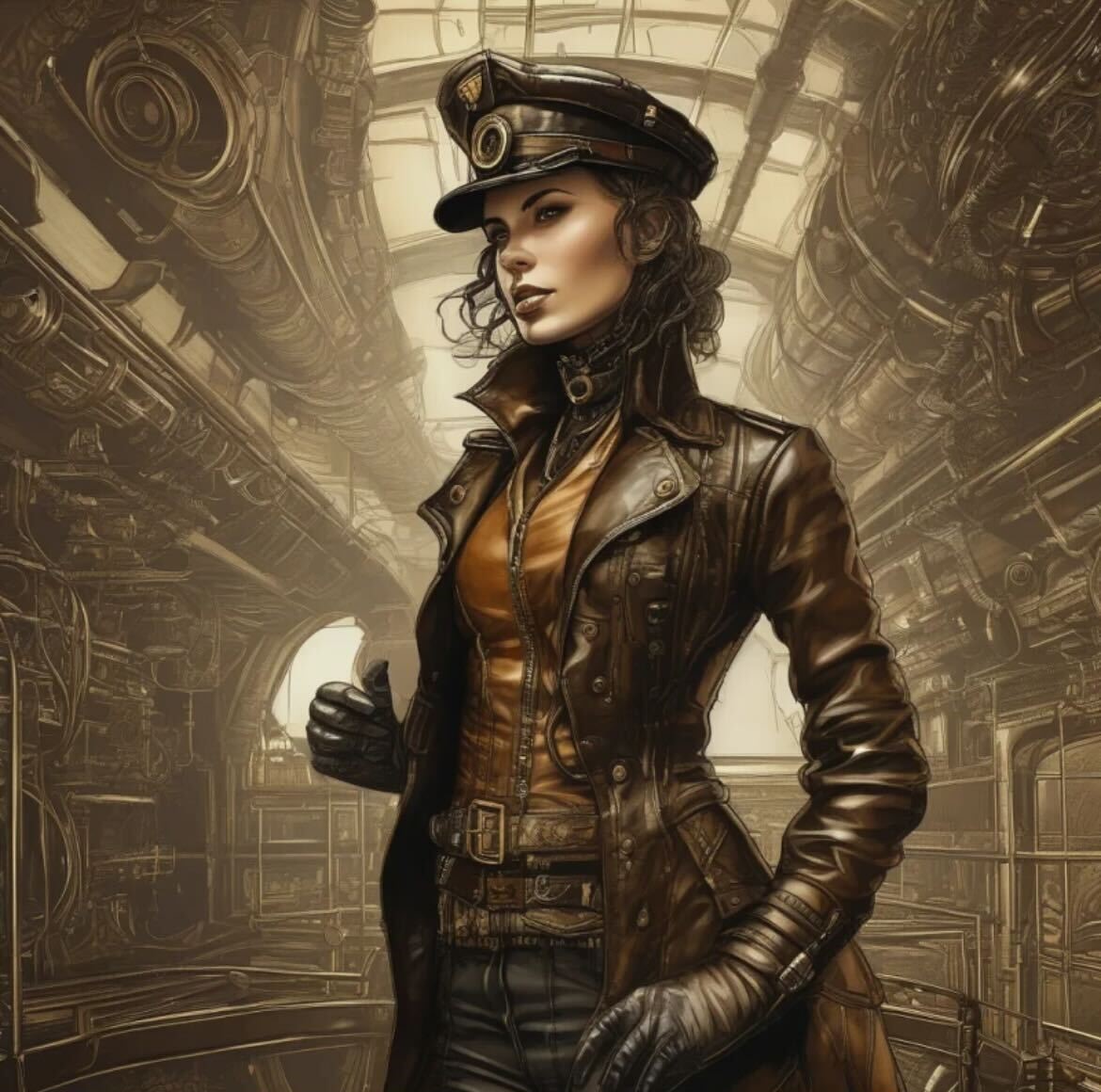 An ai generated steampunk airship captain stands proudly, clad in a leather coat with intricate engravings.