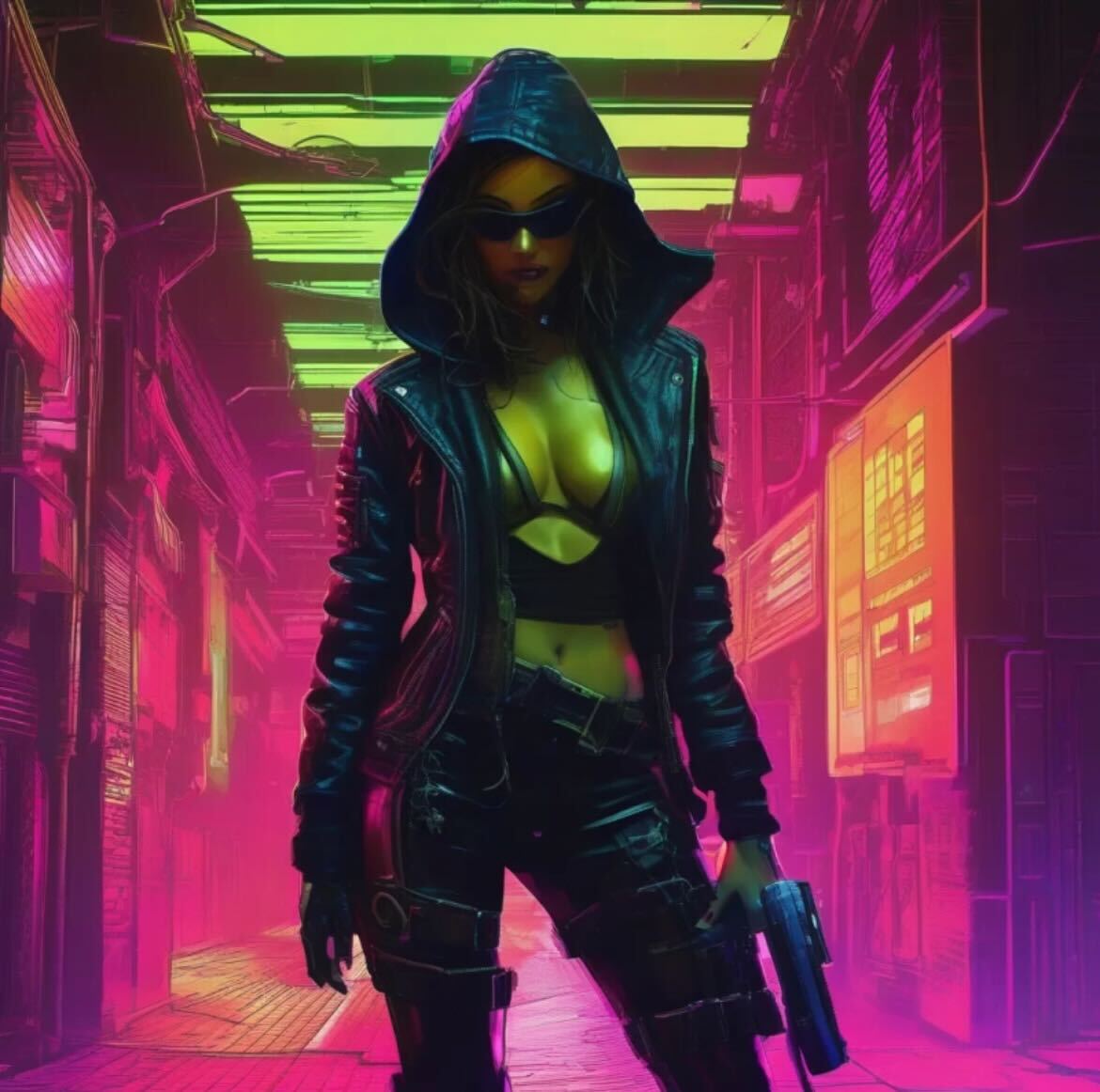 A rogue hacker lurks in a neon-lit alley, their figure shrouded in darkness image with ai prompts