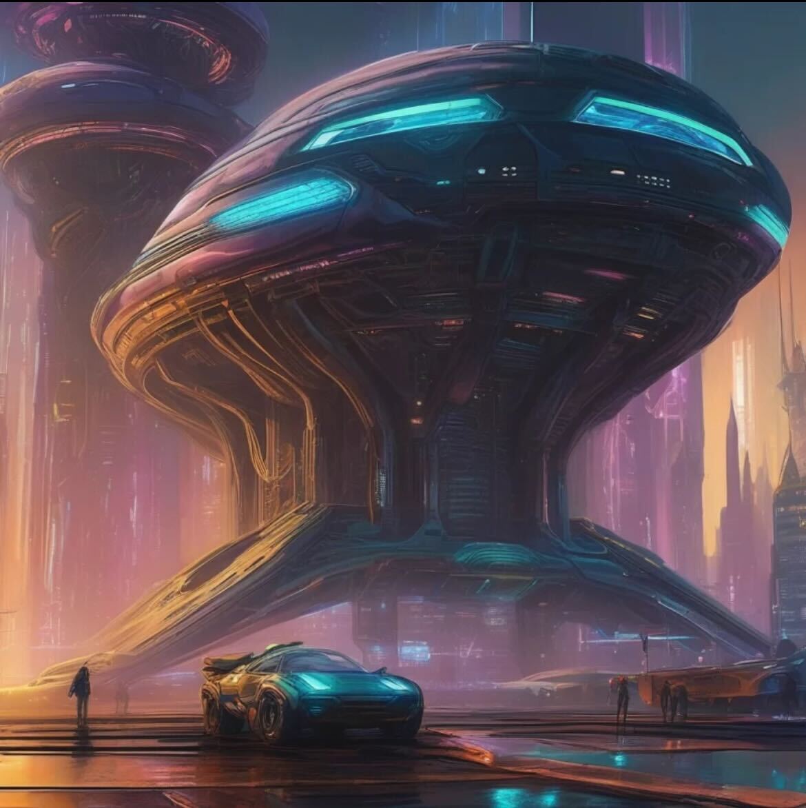 Futuristic architecture and neon-lit pathways bring this sci-fi world to life.