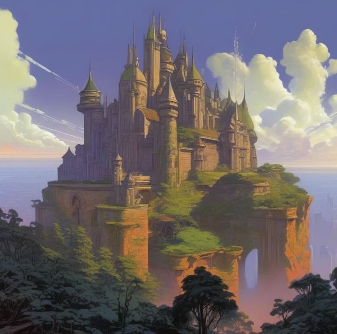 A grand castle stands atop a hill, painted in a rich oil painting style. Dramatic lighting and realistic brushstrokes bring its timeless elegance to life.