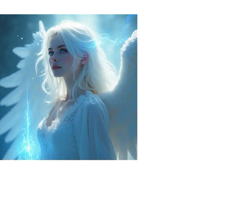Heavenly white-haired angel with luminous wings and glowing blue energy, gazing toward the light – radiant AI-generated celestial mage or guardian for fantasy roleplay and divine storytelling.