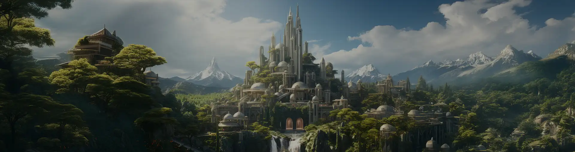 Majestic fantasy city with towering spires, domed rooftops, and cascading waterfalls nestled in a vibrant green forest, surrounded by distant snowcapped mountains – AI-generated worldbuilding backdrop for epic storytelling, RPG campaigns, and immersive fantasy adventures.