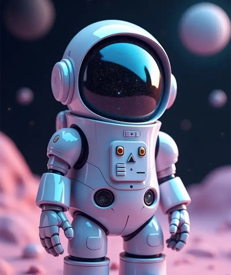 Cute futuristic astronaut in a sleek white spacesuit standing on a pastel alien planet, surrounded by soft glowing spheres – sci-fi character for AI space adventures and roleplay.