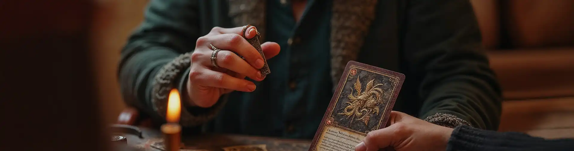 Hands of a dungeon master and player engaged in a tabletop RPG session, displaying illustrated fantasy cards and ornate tokens on a candle-lit game board – immersive setting for roleplay, storytelling, or game-based worldbuilding.