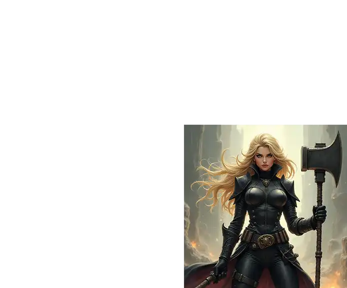 Fierce blonde female warrior in black leather armor holding a massive battle axe, standing in a dramatic canyon setting – powerful AI-generated fantasy character for roleplay and epic worldbuilding.