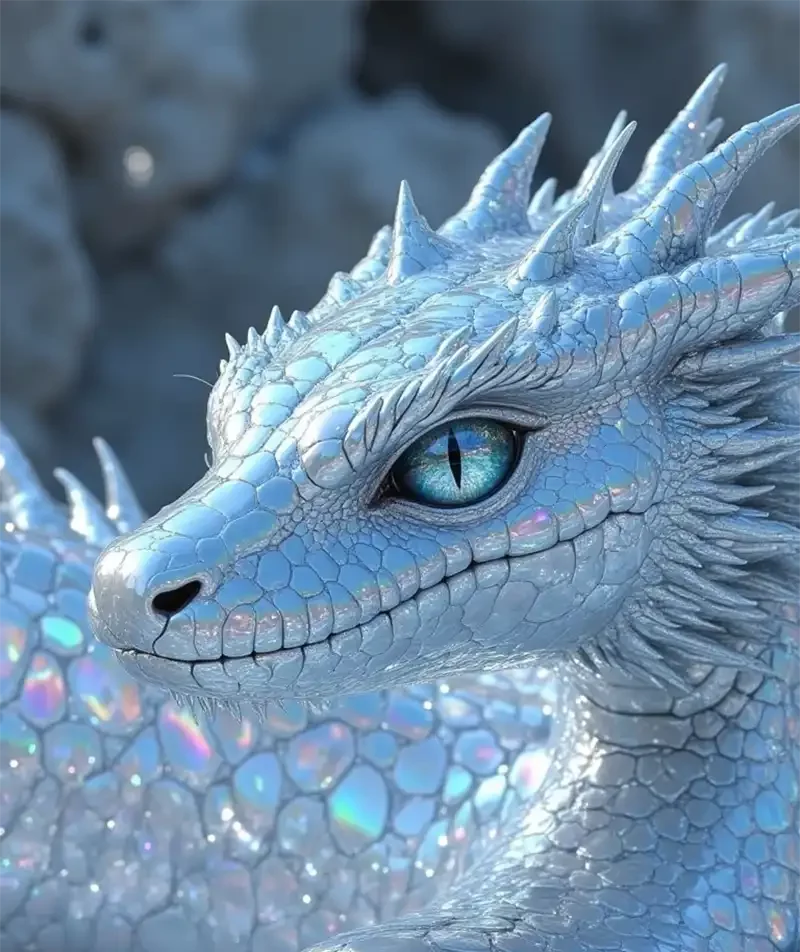 Close-up of a shimmering ice dragon with crystal-like scales and a piercing blue eye, set against a frosty fantasy backdrop – mythical creature for fantasy worldbuilding and AI storytelling.