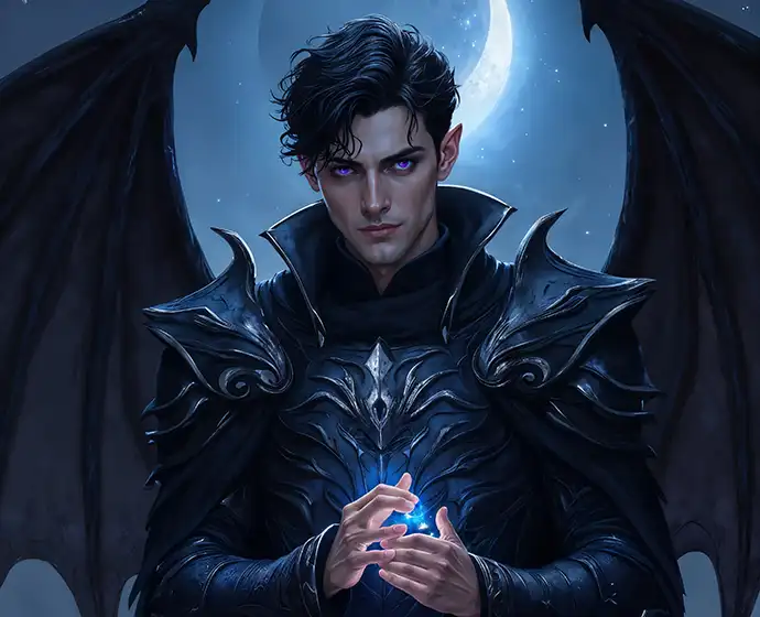 Mysterious dark sorcerer with black dragon-like wings, glowing violet eyes, and enchanted armor, holding a magical orb under a full moon – powerful AI-generated fantasy villain or antihero for mystical roleplay and worldbuilding.